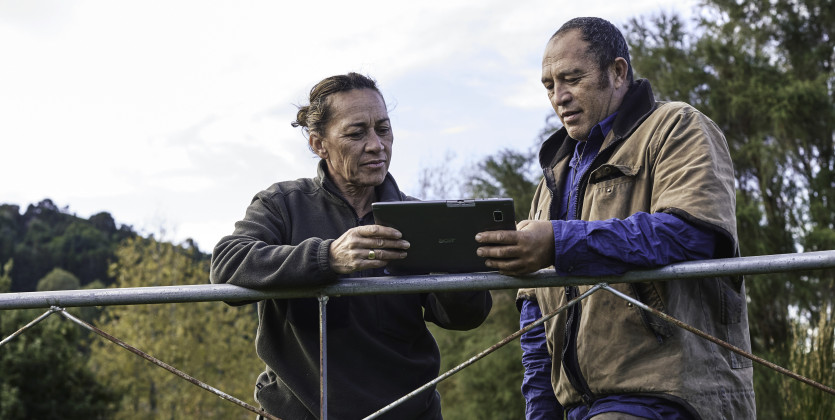 Two people on a farm leaning against a gate looking at an ipad or device
