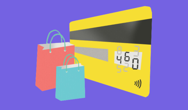 purple background with a graphic containing a credit card and some shopping bags
