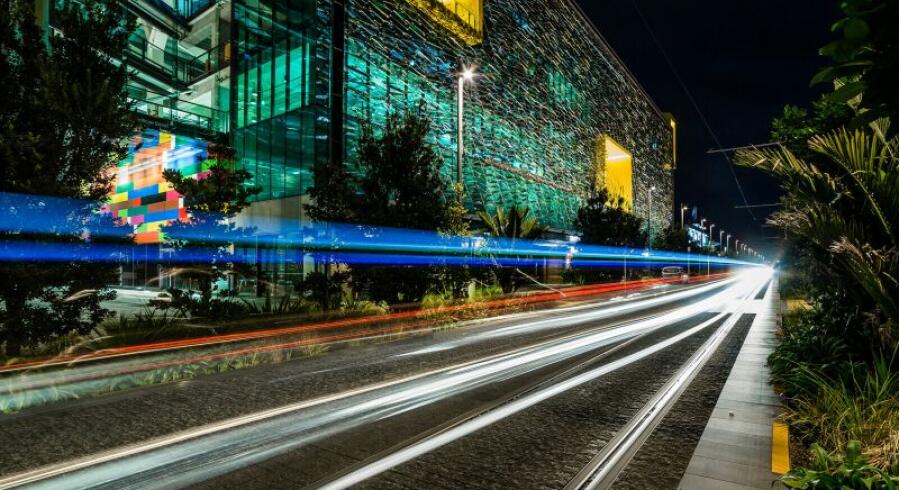 Tram tracks in city