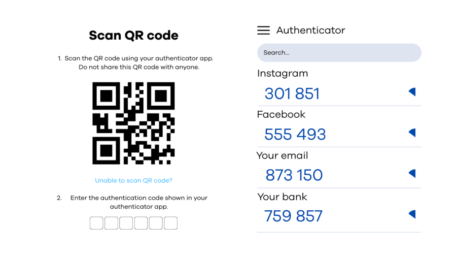 this image shows an example of an authenticator app with four codes showing for Instagram, Facebook, your email and your bank, and also a screen shot of a QR code authentication example