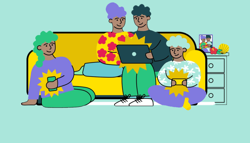 cartoon family with multiple devices